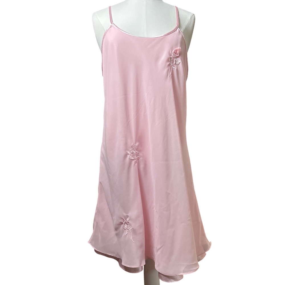 Vintage Pink Floral Embroidered Sheer Overlay Nightgown Chemise Dress Dainty L